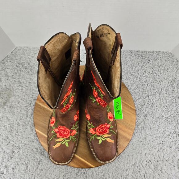 McAllen Boots Brown Leather Floral Embroidered Square Toe Western MX 26.5 US 9.5 - Picture 9 of 16